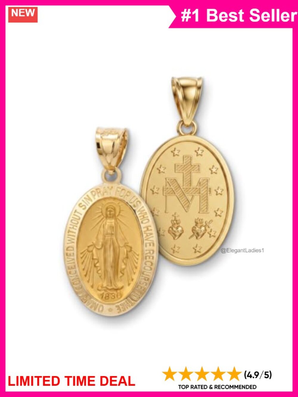 14K Yellow Gold Virgin Mary Medal Pendant Double-Bonded Handcrafted